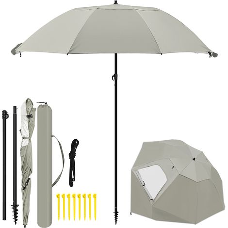 Jiubiaz Strandschirm 210 cm Sonnenschirm mit UV Schutz 50+, neigbar mit Erdspieß und Tragetasche, wasserabweisender Gartenschirm für Strand, Garten & Balkon – Beige mit Spiral-Erdspieß