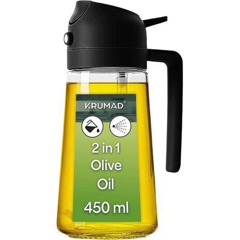 Pulvérisateur d'huile et distributeur d'huile d'olive en verre, 450 ml, 2 en 1, rechargeable, avec poignée, pour cuisine, carafe d'huile avec couvercle en polypropylène, idéal pour (1/5)