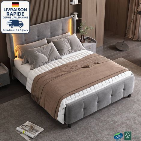Letto per adulti 140x200cm - Letto 140x200cm - Letto imbottito - Striscia luminosa LED 16 colori - Velluto - Legno certificato PEFC - Altezza testiera regolabile - Grigio (1/5)
