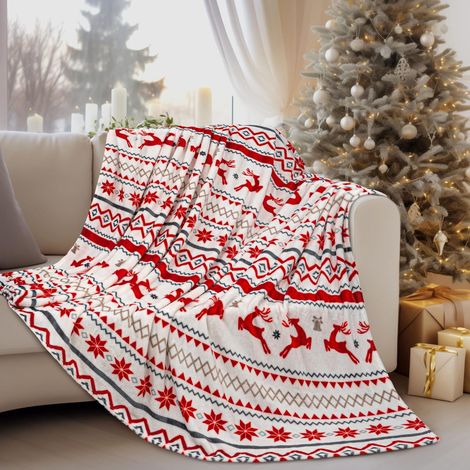 Plaid De Noël - Motif Renne Et Arbres - Polyester - 130 x 100 cm - Pour Canapé Lit Ou Extérieur - 1 Pièce (1/5)