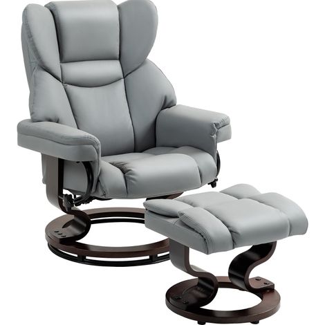 Fauteuil relax pivotant avec repose-pieds en cuir PU gris clair, dossier haut, mousse haute densité (1/5)