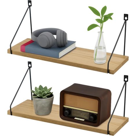 Trintion 2 Pcs Wall floating shelf wooden storage organizer suitable for home (Wood, 42cm)