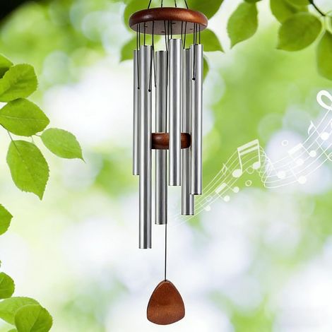 Un carillon éolien de jardin en métal de haute qualité, doté de six tubes argentés qui produisent un son riche, clair et mélodieux. (1/5)