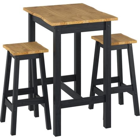 Corona Live Edge Small Rectangular High Breakfast Bar Table and Pair Bar Stool Set - Pine - Black/Antique Waxed Pine - Flat Packed