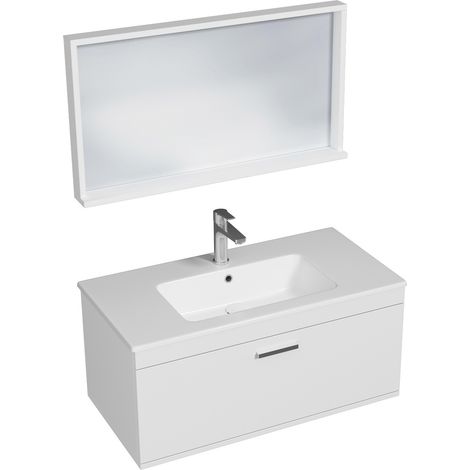 RUBITE Meuble salle de bain simple vasque 1 tiroir blanc largeur 90 cm + miroir cadre (1/5)