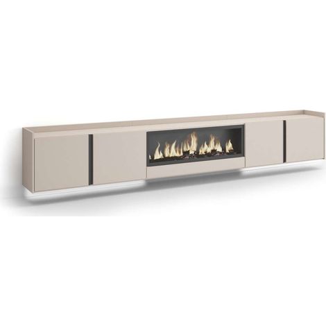 Mueble TV Almayate-02 de 315x50x35 cm con chimenea eléctrica y luces LED, suspendido, color beige (1/4)