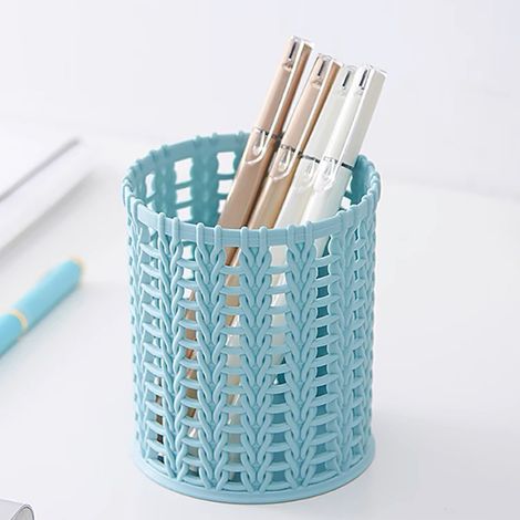 Pot de rangement de stylos en plastique perforé grand modèle panier élégant design en rotin pour bureau/étudiants bleu (1/5)