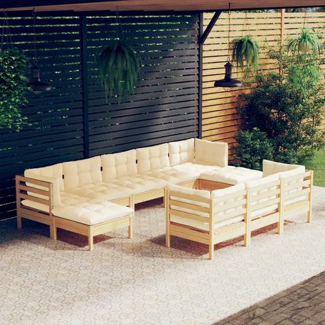 10 pcs Salon de jardin avec coussins Salon d'extérieur Ensemble Meuble de Jardin Mobilier d'Extérieur crème Bois de pin solide XFNRX940343 (1/5)