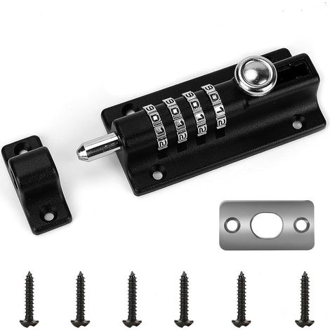 Serrure de porte à code, 4 roues, reprogrammable, étanche, verrou de portail, serrure à combinaison sans clé avec vis unidirectionnelles, haute sécurité pour abris de jardin/granges (noir) (1/4)