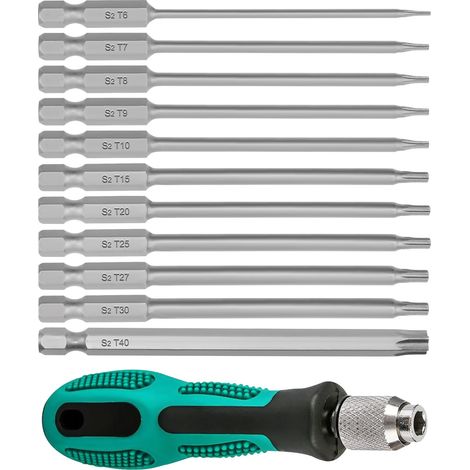 12 Pièces Tournevis Torx, 100 mm Embout Visseuse Long avec Poignée, T6-T40 Acier S2 Magnétiques Embouts Torx Jeu de Tournevis, 1/4" Tige Hexagonale Tournevis Etoile avec Trou (1/5)