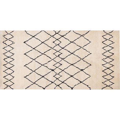 Alfombra de poliéster beige negro 80 x 150 cm patrón geométrico moderno Havsa