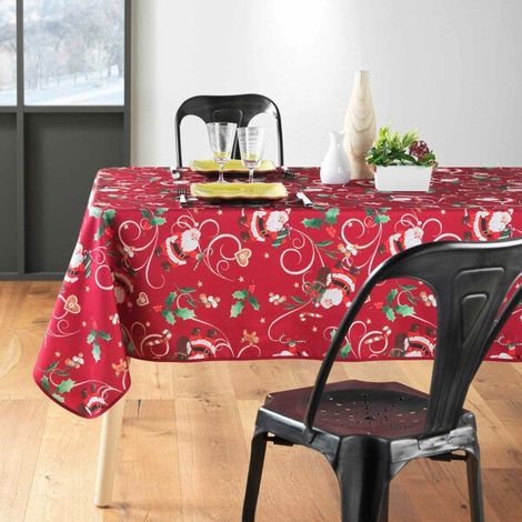 Nappe de Noël Rectangle - Tissu Antitache / Imperméable – Père Noël Rouge motif Houx – Différentes tailles - 240x150cm (1/4)