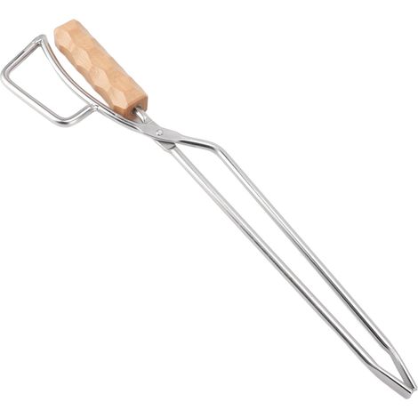 PINCE À FEU EN ACIER INOXYDABLE 42CM, POIGNÉE EN BOIS, BARBECUE FOYER EXTÉRIEUR, CHARBON (1/5)