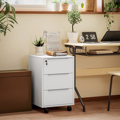 Caisson de bureau à roulettes avec 3 tiroirs et serrure pour dossiers 40 x 40 x 63.5 cm blanc