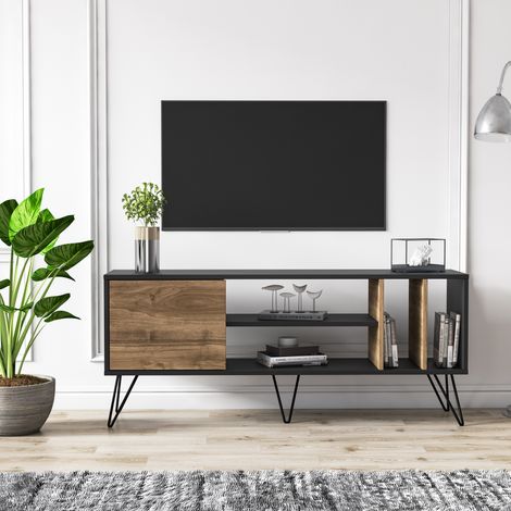 Meuble tv mistico de 140 cm avec étagères ouvertes et armoire avec le pied en métal (noir et noyer) (1/5)