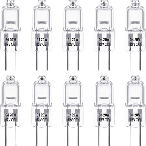 Ampoules Halogènes G4, Lampe de Base à Broche Halogène 12V 20W, Blanc Chaud 3000K, 350LM, Gradable, Lampe Halogène Basse Tension G4, Lampe à Capsule Transparente, Paquet de 10 (1/4)