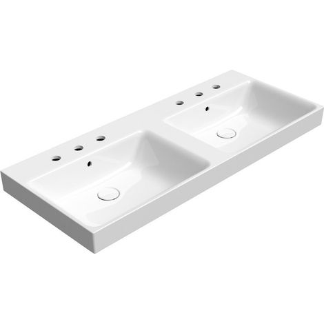 Lavabo double en céramique NUBES 120x50, bord inférieur poli, 3 trous de robinetterie, blanc ExtraGlaze (1/3)