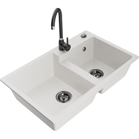 Mexen Tomas fregadero de granito de 2 compartimentos con grifo de cocina Telma, blanco - 6516-20-670200-70 (1/5)