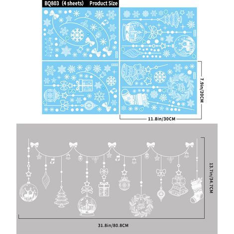 Autocollants de Noël blancs, scène d'hiver enneigée, flocons de neige, arbres, autocollants pour fenêtres, nœuds, couronnes, boules suspendues, autocollants statiques pour vitrines.