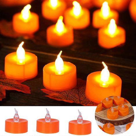 Lot de 12 bougies chauffe-plat orange à piles, LED, avec citrouilles blanc chaud. (1/5)