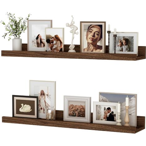 Lot de 2 étagères murales, flottantes, 60 cm, en bois MDF, pour cadres photo et décorations, design industriel, convient pour bureau, chambre et cuisine, marron vintage, 60 cm (1/5)