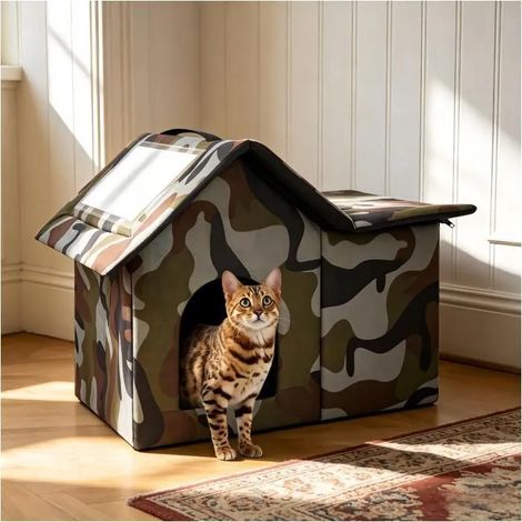 Niche pour Chat Extérieur/Intérieur Résistante aux Intempéries®WHD©-Grande Taille , Démontable avec Tapis Doux et Porte Sécurisée (1/5)