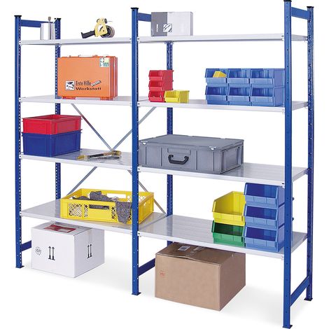 BRB Fachbodenregal, bestehend aus 1 Grund- und 1 Anbauregal, kunststoffbeschichtet, Stecksystem, HxBxT 2x2105x415 mm, 8 Böden (2x4)