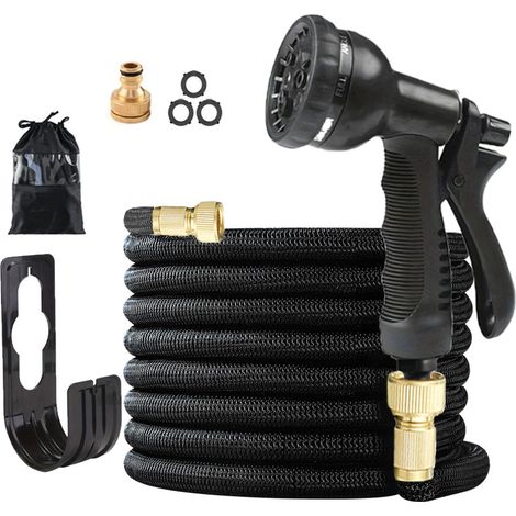 Tubo da giardino estensibile da 7,5 m (25 piedi) - Kit completo nero con supporto e custodia, pistola a grilletto-lsw (1/4)