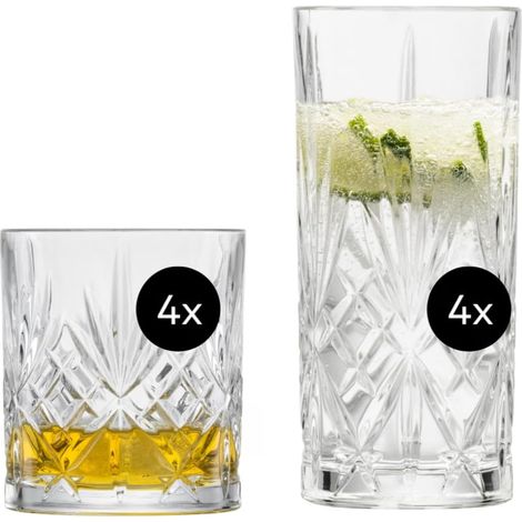 Set de verres Show (set de 8), 4 gracieux verres à long drink et 4 verres à whisky avec relief, verres en cristal lavables au lave-vaisselle (art. n° 121881) (1/5)