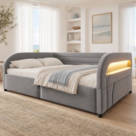 Lit rembourré 140x200 cm gris avec coffre hydraulique et éclairage LED (1/5)