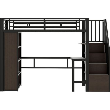 CAIziLit mezzanine 90 x 200 cm, cadre en fer, avec bureau, compartiment de rangement, bande lumineuse LED, structure d'escalier avec rangement, sans matelas, noir (1/5)