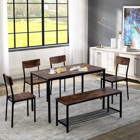 Ensemble de salle à manger style industriel avec table, banc et 6 chaises en bois et cadre en acier (1/5)