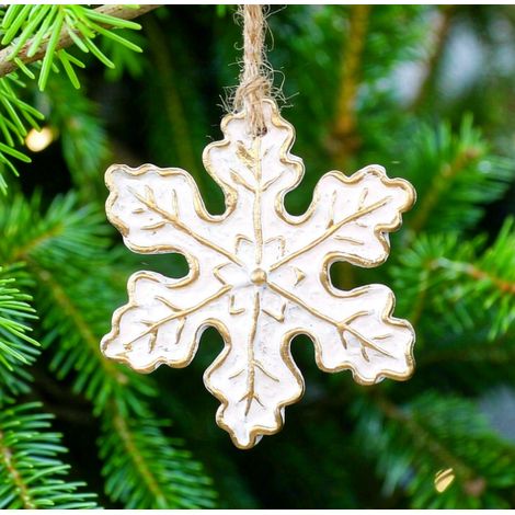Ornement flocon de neige blanc doré 6×5 cm, décoration suspendue sapin style élégant (1/4)