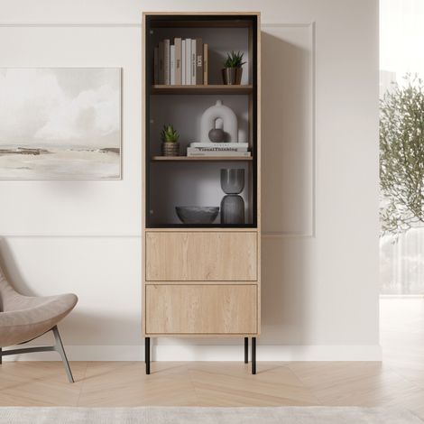 Vitrina Zanica, Mueble Expositor 2 Estantes, 2 Cajones, 1 Puerta, 60x40x185h cm Marrón Roble (1/4)