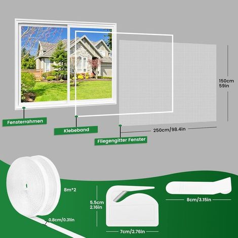 Fenster-Moskitonetz, 2er-Set – 250 x 150 cm – Weiß, kein Bohren erforderlich, mit Cutter, Kleber, auf die gewünschte Größe zuschneidbar (1/4)