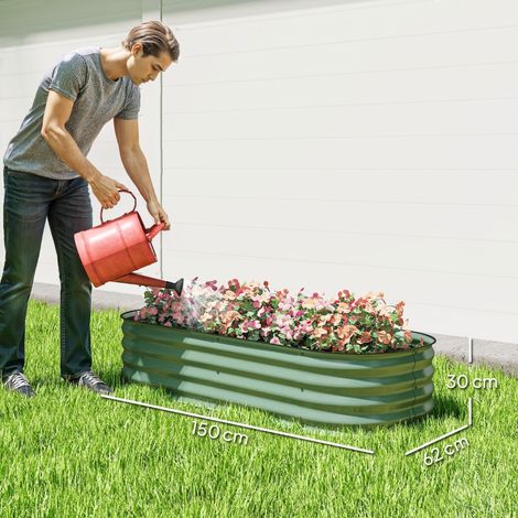 Carré potager surélevé en kit, bordures renforcées, ouvert en bas, 150x62x30 cm, couleur verte, pour jardin et terrasse. (1/5)