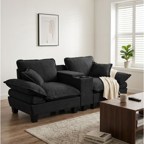 Divano modulare 224x82x90 cm nero in chenille con contenitore, portabicchieri e porte USB (1/5)