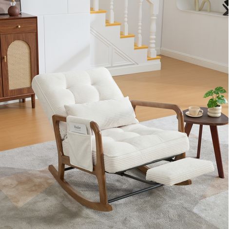 Silla mecedora de corduroy beige 70 x 80 x 92 cm con reposapiés y respaldo regulable (1/5)