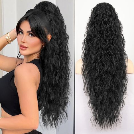 Extension de queue de cheval de luxe - Perruque ondulée effet eau - Perruques cheveux longs pour femmes - Pince à cheveux et cordon de serrage - 75 cm - 220 g - Noir naturel (1B) (1/5)