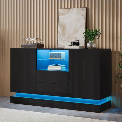 Sideboard 140 x 40 x 80 cm aus Spanplatte Schwarz mit LED und Stauraum – MEUBLIV (1/5)