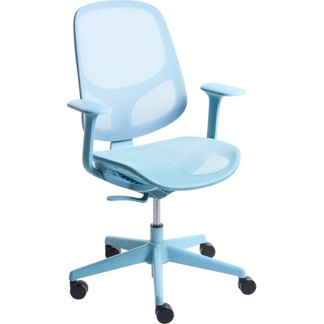 Silla de oficina moderna con base giratoria reposabrazos altura ajustable tapizada en malla azul claro Aeri
