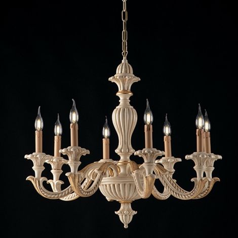Lámpara de araña en madera de marfil y pan de oro ocho luces 80x h70 cm