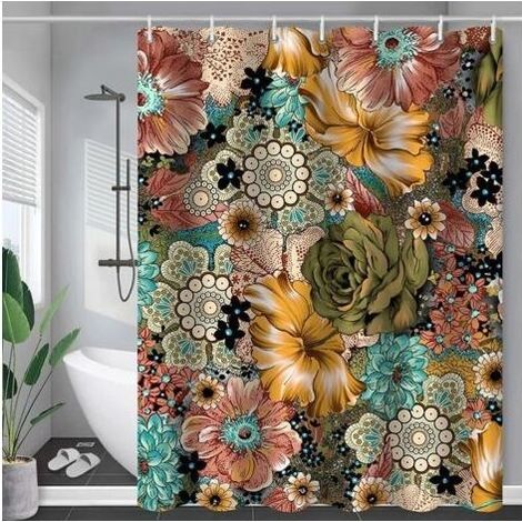 Rideau Douche Mandala Orange Marron Rideau de Douche Anti Moisissure Imperméable Tissu Polyester Lavable pour Salle de Bain Baignoire Hôtel avec 12 Crochets en C(150x180cm) (1/5)