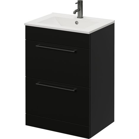 Napoli 460 Matt Black 600mm 2 Drawer Vanity Unit with Angel Basin - 600mm - Gunmetal Grey 320mm Handle