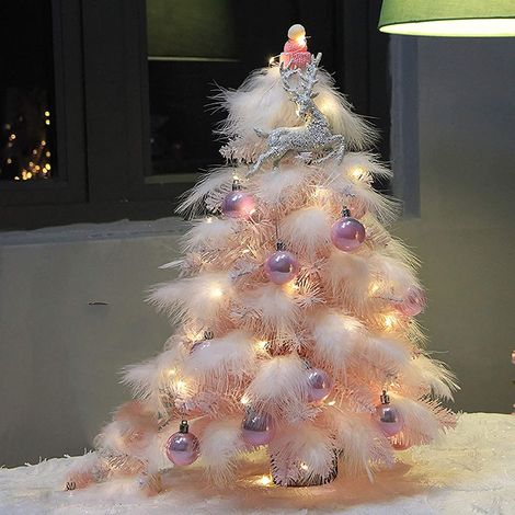 Sapin de Noël Mini Sapin de Noël en Plumes de Table de Table, Petit Sapin de Noël, décorations de 50 cm avec des Ornements en Bois 0821(Color:PinkSize:50cm)