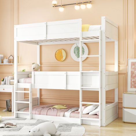 DESVIAE Lit superposé triple enfant 90 x 200 cm modulable en lit simple et lit superposé bas bois blanc avec barrières de sécurité (1/5)