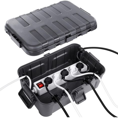 Extra große Kabelbox (32 x 22 x 13 cm), IP54 wasserdicht, sicheres Außenkabel, wetterfeste Steckdosenabdeckung zum Schutz der Steckdosenleiste, Timer-Steckdose, grau (1/5)
