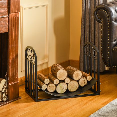 Metall-Holzregal für drinnen und draußen mit gebogenem Ablagefach, Tragkraft bis zu 60 kg Holz, Schwarz, 60,5 x 36 x 46,5 cm