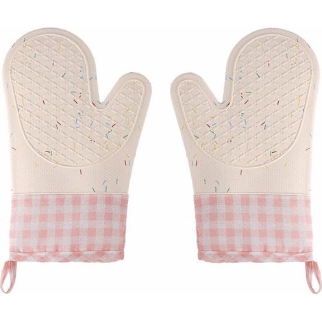 Juego de guantes de silicona para horno (2 piezas)，Cuadros rosas con chispas，Resistentes al calor hasta 260 °C，antideslizantes y lavables (1/5)