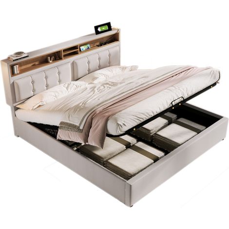 Cama con Arcón 160 x 200 cm de Lino, Cama Doble con Almacenamiento, Somier Ajustable, LED y USB-C, sin Colchón, Beige (1/5)